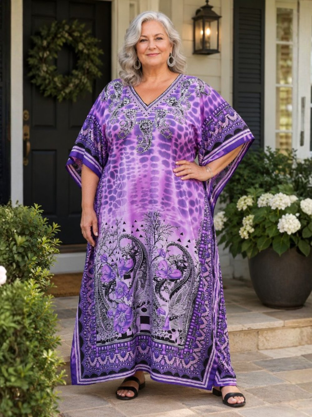Plus Size Women Purple Paisley Print Loungewear Cover-Up Kaftan Dress for Party